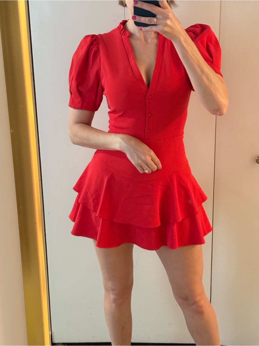 Alice + Olivia Red Puff Sleeve Tiered Mini Dress